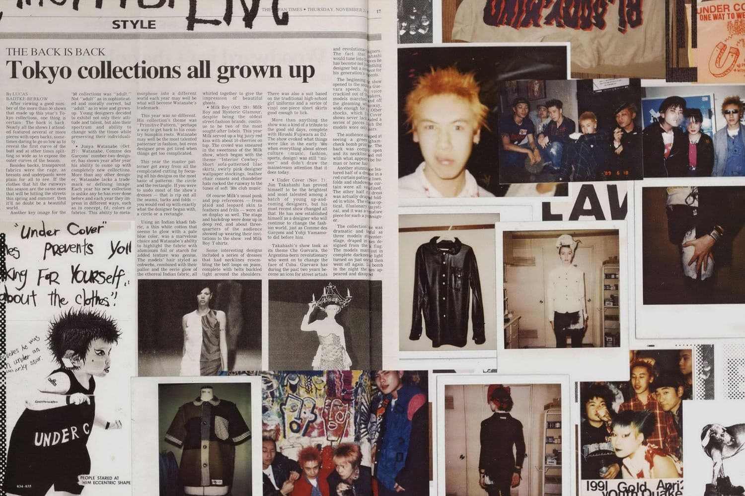 Newspaper feature of Undercover, and photos of Jun Takahashi, Tokyo Sex Pistols. Source: Undercover Rizzoli Book by Jun Takahashi, 2016.